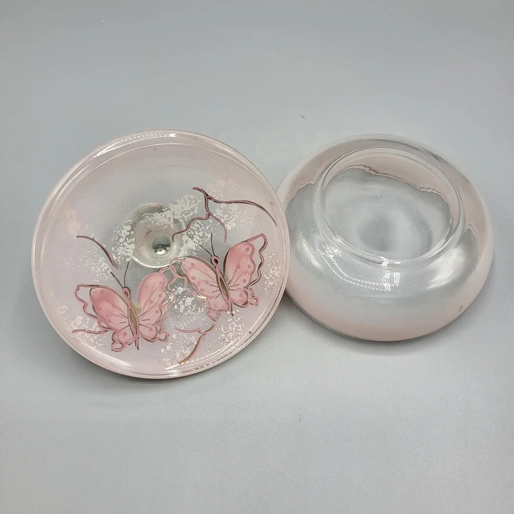 Butterfly Trinket Dish Vanity Jar Frosted Pink Glass Gold Accents Hand Painted